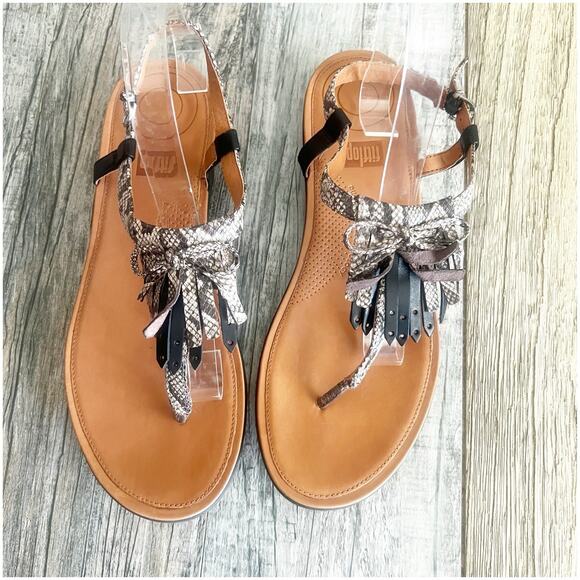 Fit Flop Womens Tia Fringe Leather Thong Sandal Size 11 Snake Slingback Comfort - Picture 2 of 9